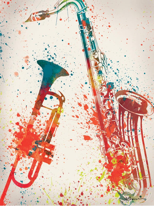 Victoria Brown, JAZZ II (Jazz, Musikinstrumente, Blasinstrumente, Farbspritzer, Dynamik, Grafik, Wohnzimmer, Musikzimmer, Treppenhaus, Wunschgröße, bunt)