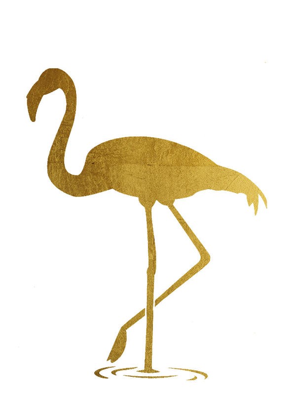 Victoria Brown, GOLDEN FLAMINGO (Flamingo, Vogel, Stelzvogel, Silhouette, Grafik, Treppenhaus, Wohnzimmer, Wunschgröße, weiß/gold)
