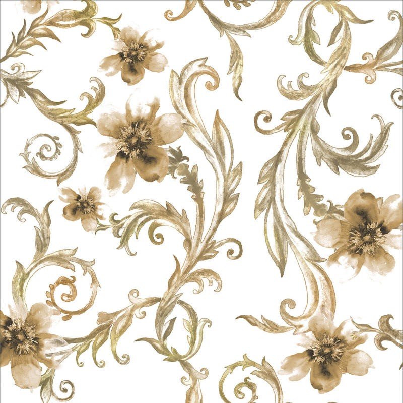 Victoria Brown, FLAIR II (Muster, Schnörkel, Tapetenmuster, Arabesken, floral, Blüten, Vintage, Grafik, Schlafzimmer,Treppenhaus,  Wunschgröße, gold/weiß)