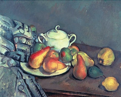 Paul Cézanne, Stilleben mit Zuckerdose, Birnen und Tischdecke. (Cézanne,Paul,1839-1906,Christie's Images Ltd,Öl auf Leinwand,Obststillleben,Cézanne, Paul Cezanne,Obst,Birne,Birnen,Terrine,Stillleben,Stilleben,Post-Impressionismus,Schüssel,Zitrone,Tischtuch,Faltenwurf)