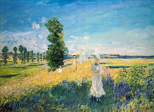 Claude Monet, La Promenade (Argenteuil). 1875 (Impressionismus,19. Jahrhundert,Öl auf Leinwand,Christie's Images Ltd,1840-1926,Monet,Claude,Monet,   Claude Monet,  Impressionismus,  Sommer,  Sonnenschirm,  Schirm,  draußen,  Natur,  Landschaft,  sonnig,  heiter,  blauer Himmel,  Spaziergang,  Baum, mo)