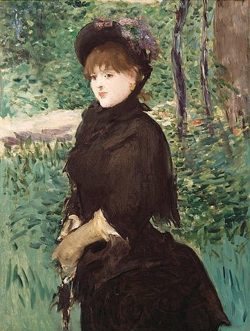 Édouard Manet, Beim Spaziergang. Um 1880 (junge Frau, Portrait, Haube, Spaziergang, Wald, Park, Impressionismus, Wohnzimmer, Klassiker, Wunschgröße, bunt,)