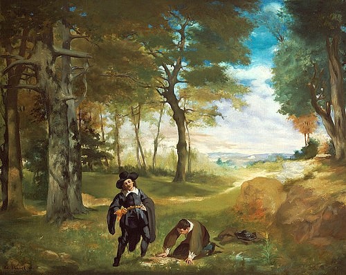 Édouard Manet, Die Studenten von Salamanca. 1860 (Landschaft, Landschaftsmalerei, Menschen, junge Männer, Spanien, Idylle, Impressionismus, Wohnzimmer, Klassiker, Wunschgröße, bunt,)