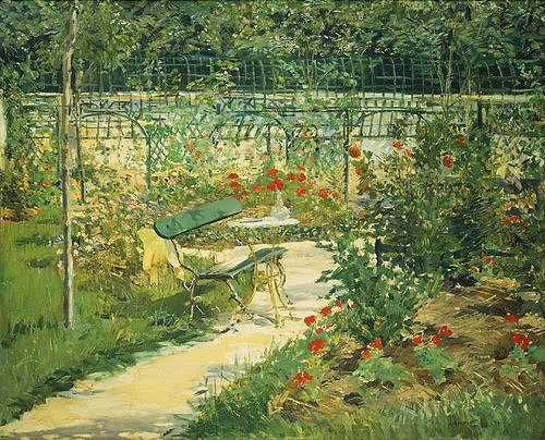 Édouard Manet, Bank im Blumengarten von Versailles. 1881 (Garten, Gartenbank, Sommer, Blumen, Blüten, Idylle, Impressionismus, Wohnzimmer, Klassiker, Wunschgröße, bunt,)