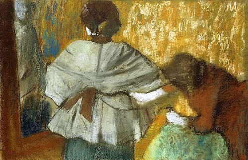 Edgar Degas, Bei der Modistin. 1882 (Degas,Edgar,1834-1917,Christie's Images Ltd,Pastell/Karton,19. Jahrhundert,Impressionismus,französischer,Beruf,Degas, Edgar 1834-1917, französischer impressionismus,impressionistisch,französisch,Anprobe,Mode,modisch,Frau,Frauen,Schneiderin,Rückenansicht,a)