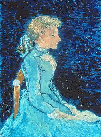 Vincent van Gogh, Bildnis der Adeline Ravoux. 1890. (Gogh,Vincent van,1853-1890,Christie's Images Ltd,Öl auf Leinwand,van Gogh, Vincent van Gogh,19. Jahrhundert,Postimpressionismus,Portrait,Bildnis,Frau,junge Frau,Mädchen,Adeline Ravoux,Profil,Zopf,Haarzopf,blau,Melancholie,ernst,sitzen,pastos,blond)