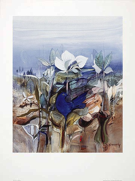 Dieter Framke, Blauer Vogel (Blauer Vogel, Blumen, Blüten, Blätter, Wasser, Fantastisch, Schneckenhaus, Fische, Traum, Wohnzimmer, Treppenahus Schlafzimmer,  bunt)