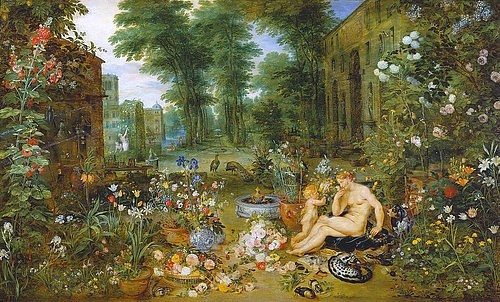 JAN BRUEGHEL DER ÄLTERE, Allegorie des Geruchs. (Ausgeführt mit Peter Paul Rubens). 1617 (Madrid,Museo del Prado,Brueghel d.Ä.,Jan,1568-1625,Allegorie,Garten,Venus,Amor,Blumen,Brueghel d.Ä., Jan Brueghel,Rubens,Geruch,riechen,Duft,Blumenduft,paradiesisch,Stinktier,Sinne)