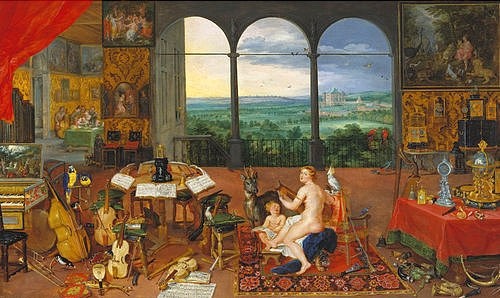 JAN BRUEGHEL DER ÄLTERE, Allegorie des Gehörs. (Ausgeführt mit Peter Paul Rubens). 1617 (Madrid,Museo del Prado,Brueghel d.Ä.,Jan,1568-1625,Brueghel d.Ä., Jan Brueghel,Brueghel der Ältere,Rubens,17. Jahrhundert,Allegorie,allegorisch,Sinne,Fenster,Musik,Musikstillleben,Venus,Amor,Gehör,hören,innen,außen,Innenraum,Außenraum,Uhren,Musikinstrumen)