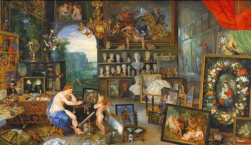 JAN BRUEGHEL DER ÄLTERE, Allegorie des Sehens. (Ausgeführt mit Peter Paul Rubens). 1617 (Madrid,Museo del Prado,Brueghel d.Ä.,Jan,1568-1625,Brueghel d.Ä., Jan Brueghel,Brueghel der Ältere,Rubens,17. Jahrhundert,Allegorie,allegorisch,Sammlung,Putto,Amor,Venus,Sehen,Sinne,Sehsinn,Teleskop,Fernrohr,Globus,Büsten,Gemälde,außen,innen,Innenraum,Auß)