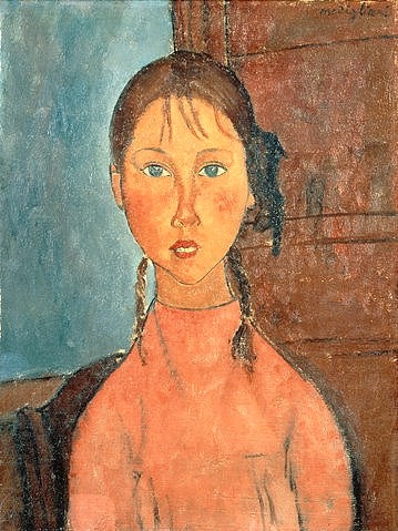 Amadeo Modigliani, Mädchen mit Zöpfen. 1918 (Modigliani,Amadeo,1884-1920,Öl auf Leinwand,20. Jahrhundert,Nagoya,The Nagoya City Art Museum,Modigliani, Amadeo Modigliani,Mädchen,Kind,Zöpfe,Rattenschwänze,blaue Augen,Kinn,frontal,abfallende Schultern,schmal,schmächtig,Bildnis,Portrait)