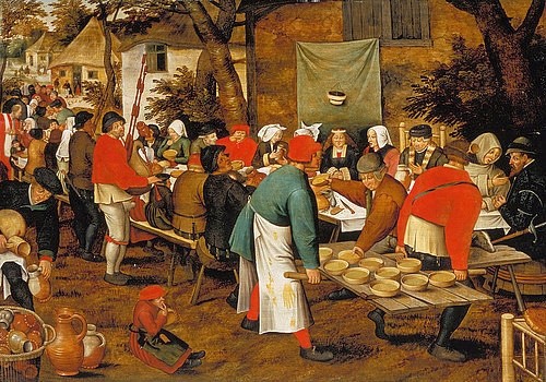 Pieter BRUEGHEL DER ÄLTERE, Bauernmahlzeit vor einer Schänke. (Bauern, rustikal, ländlich, Genremalerei, Gasthaus, Feiern, Gelage, Renaissance, Klassiker, Malerei,  Wohnzimmer, Esszimmer, bunt)