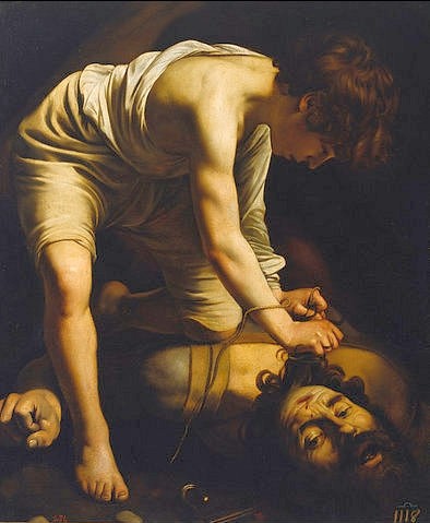 Michelangelo Merisi da Caravaggio, David besiegt Goliath. (Enthaupten, Kopf, König, Tod, Kampf, Steinschleuder, Altes Testament, Bibel, Religion, Hell-Dunkel, Barock, Klassiker, Malerei, Wunschgröße, Wohnzimmer)