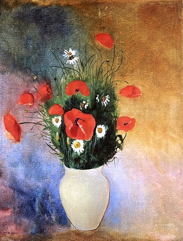 Odilon Redon, Vase mit Mohnblumen und Margueriten. (Postimpressionismus, Stillleben, Blumenvase, Blüten, Blumen, Sommerblumen, Mohn, floral, klassische Moderne, Malerei, Wohnzimmer, Esszimmer, Treppenhaus, Wunschgröße, bunt)