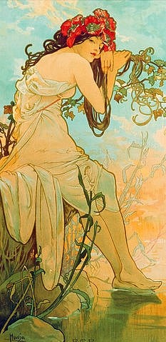 Alfons Maria Mucha, Jahreszeiten: Sommer. 1896. (Mucha,Alfons,1860-1939,Farblithographie,Frau,junge frau,Jugendstil,Frauen,Mucha, Alfons 1860-1939)