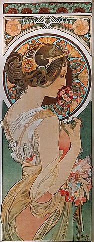Alfons Maria Mucha, Schlüsselblume. 1899. (Mucha,Alfons,1860-1939,Farblithographie,Frau, Junge,Jugendstil,Frauen,Blumen,Mucha, Alfons 1860-1939)