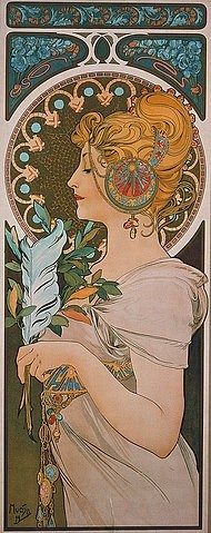Alfons Maria Mucha, Die Feder. 1899 (Mucha,Alfons,1860-1939,Farblithographie,Frauen, Junge,Frauen,Jugendstil,Federn,Mucha, Alfons 1860-1939)