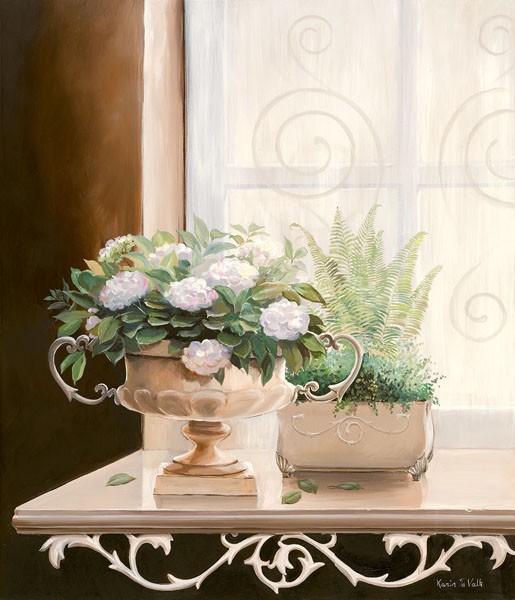 Karin v.d. Valk, BLUMEN AM FENSTER I (Stillleben, Blumenkübel, Blumen, Strauß, edel, üppig,  Fensterbank, Nostalgie, Wunschgröße, Malerei, Esszimmer, Wohnzimmer, bunt)