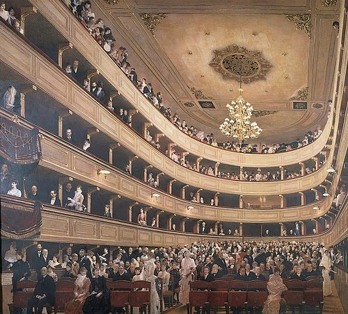 Gustav Klimt, Innenansicht des alten Burgtheaters. Blick gegen den Zuschauerraum. 1887/88. (Theater, Österreich, Wien, Burgtheater, Innenraum, Kronleuchter, Ränge, festlich, Wiener Gesellschaft, klassische Moderne, Malerei, Wohnzimmer,Wunschgröße)