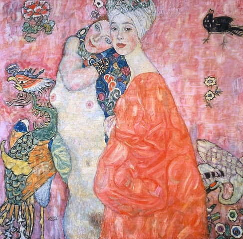 Gustav Klimt, Die Freundinnen.  1916/17 (Klassische Moderne, Jugendstil, Erotik, Frauen, Freundinnen, Akt, nackt, Ornamente, bunt, Wohnzimmer, Treppenhaus, Schlafzimmer, Malerei, Wunschgröße)