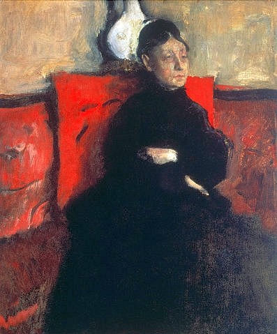 Edgar Degas, Portrait der Herzogin von Montejasi-Cicerale, der Tante des Künstlers. Um 1868 (Öl auf Leinwand,Christie's Images Ltd,1834-1917,Degas,Edgar,Degas, Edgar Degas,19. Jahrhundert,Impressionismus,Portrait,Porträt,Frau, Alte Frau,Alter,rot,schwarz,verschränkte Arme,Kissen,Blick in die Ferne,nachdenklich,sinnierend,sinnieren,gedankenversunk)