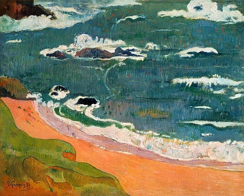 Paul Gauguin, Strand bei Le Pouldu. 1889 (Gauguin,Paul,1848-1903,Christie's Images Ltd,Öl auf Leinwand,19. Jahrhundert,Gauguin, Paul Gauguin,Wellen,Meer,Strand,Collection Henry Ford II,Küste,Landschaft,Blick von oben,Brandung,Gischt,Wasser,Post-Impressionismus,Bretagne,Seestück)