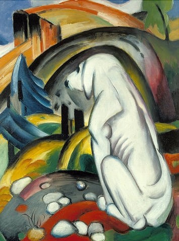 Franz Marc, Der weiße Hund (Hund vor der Welt). 1912 (Marc,Franz,1880-1916,Zürich,Stiftung Sammlung E.G. Bührle,Öl auf Leinwand,Marc, Franz Marc,20. Jahrhundert,Expressionismus,Hund,Tier,weiß,Rippen,Rippenbogen,hocken,Kieselsteine,Kiesel,in die Ferne blicken,in die Ferne schauen)