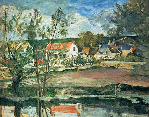 Paul Cézanne, Im Tal der Oise. 1873/1875. (Cézanne,Paul,1839-1906,Christie's Images Ltd,Frankreich,Cézanne,Paul Cézanne,Impressionismus,Post-Impressionismus,Oise,Landschaft,Haus,Fluß,Fluss,Flußufer,Flussufer,19. Jahrhundert,Wasserspiegelung,Spiegelung,Dorf)