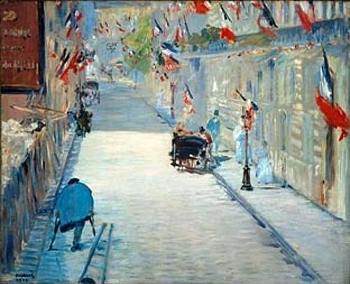 Édouard Manet, Die Rue Mosnier in Paris im Fahnenschmuck. 1878 (Straßenszene, Prai, Feierlichkeiten, Fahnen, Beflaggung, Städte, Impressionismus, Wohnzimmer, Klassiker, Wunschgröße, bunt,)