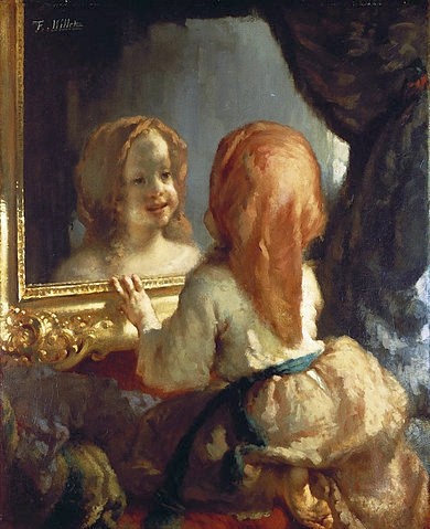 Jean-François Millet, Antoinette Herbert betrachtet sich im Spiegel. Um 1844 (Christie's Images Ltd,Millet,Jean-François,1814-1875,Öl auf Leinwand,Kinder,Kind,Kopftuch,Spiegel,Millet, Jean-François 1814-1875)