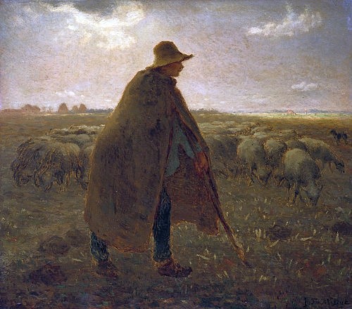 Jean-François Millet, Schäfer mit Herde bei Sonnenuntergang. Um 1858-62 (Bauerngenre, Schäfer, Schafe, idylle, Abendstimmung, Dämmerung, Landschaft, Realismus, Malerei, Wohnzimmer, Klassiker, Wunschgröße, bunt)