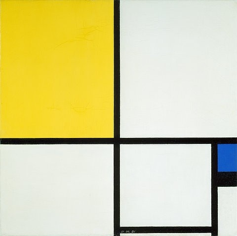 Piet Mondrian, Komposition mit Blau und Gelb. 1931. (Malerei, Klassische Moderne, Konstruktivismus,  Neoplastizismus, geometrische Felder, Rechtecke, Raster, Wohnzimmer, Büro, Schlafzimmer, Arztpraxis, Wunschgröße, bunt,)