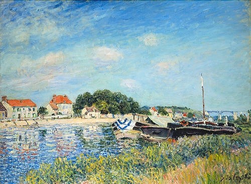 Alfred Sisley, Am Ufer des Flusses Loing in Saint-Mammes. 1885 (Öl auf Leinwand,19. Jahrhundert,1839-1899,Christie's Images Ltd,Sisley,Alfred,Sisley,Alfred Sisley,Landschaft,Frankreich,Impressionismus,Fluss,Boote,Sommer,Ufer,blauer Himmel,Ferien,Ferienstimmung)