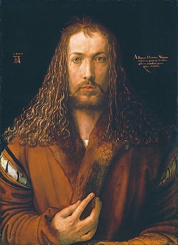 Albrecht Dürer, Selbstbildnis im Pelzrock. 1500 (München,Alte Pinakothek,Dürer,Albrecht,1471-1528,Lindenholz,Selbstbildnis,Dürer,Haar,Pelz,renaissance,15. Jahrhundert,16. Jahrhundert, Bayerische Staatsgemäldesammlungen)