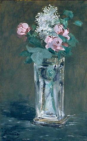 Édouard Manet, Blumen in einer Kristallvase (Fleurs dans un vase de cristal). 1882. (Stilleben, Blumenbouquet, Glasvase, Rosen, Impressionismus, Wohnzimmer, Esszimmer, Klassiker, Wunschgröße, bunt,)
