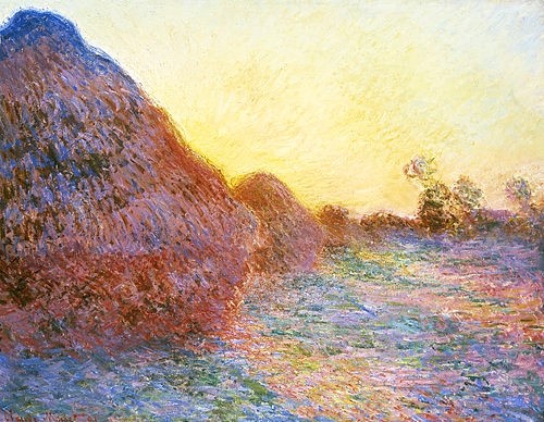 Claude Monet, Strohschober im Sonnenlicht. 1891 (Monet,Claude,1840-1926,Christie's Images Ltd,19. Jahrhundert,Monet,   Claude Monet,  Ernte,  Heuhaufen,  Heu,  Impressionismus,  Licht,  Lichtstrahl,  Lichtstrahlen,  Heu,  Heuschober,  Feld,  warmes Licht,  Atmosphäre,  atmosphärisch, monet,claude monet,)