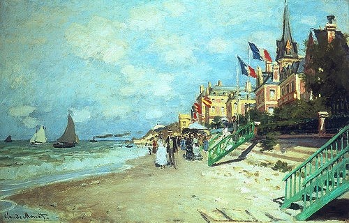 Claude Monet, Am Strand von Trouville. 1870. (Monet,Claude,1840-1926,Christie's Images Ltd,Frankreich,  Strand,  Sommer,  Monet,  Claude Monet,  Trouville,  19. Jahrhundert,  Impressionismus,  Promenade,  Erholung, monet,claude monet,französischer,impressionismus,impressionistisch,französisch)