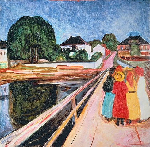 Edvard Munch, Mädchengruppe auf einer Brücke. (Munch,Edvard,1863-1944,Christie's Images Ltd,20. Jahrhundert,Brücke,Munch, Edvard Munch,1863-1944,Mädchen,Landungssteg,Steg,Reflexion,Spiegelung,Expressionismus)