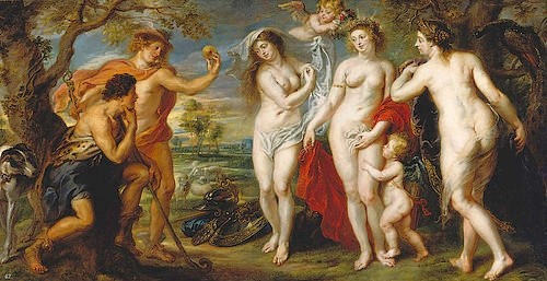 Peter Paul Rubens, Das Urteil des Paris. 1638/39 (Madrid,Museo del Prado,Rubens,Peter Paul,1577-1640,Öl auf Leinwand,Rubens,Peter Paul Rubens,17. Jahrhundert,Barock,Mythologie,Weibliche Akte,Paris,Urteil des Paris,Putto,Putten,Putti,Helm,Paris,drei,Frauen,Merkur,Kugel,Entscheidung,Juno,Minerva,Venus,Schö)
