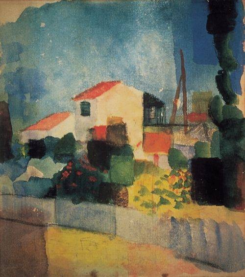 Macke August Helles Haus I (1914) (Grano-L) (Malerei, Expressionismus, Orient, Tunesien, Landschaft, Haus, Tunisreise,  Treppenhaus, Arztpraxis, Klassische Moderne, bunt)