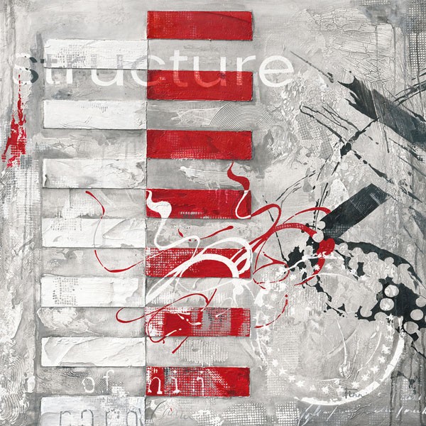 Finn, STRUCTURE (Abstrakte Kunst, geometrische Muster, Colourspot, Wohnzimmer, Treppenhaus, Büro, Wunschgröße, Malerei, grau/weiß/rot)