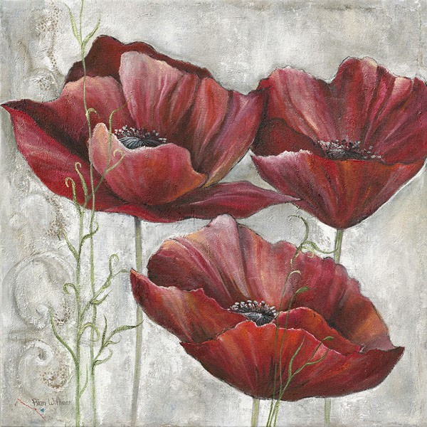 Rian Withaar, THREE POPPIES I (Blumen, Blüten,  Mohnblumen, Pflanzen, modern, zeitgenössisch, Treppenhaus, Wohnzimmer, Wunschgröße, Malerei, bunt)