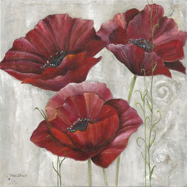 Rian Withaar, THREE POPPIES II (Blumen, Blüten,  Mohnblumen, Pflanzen, modern, zeitgenössisch, Treppenhaus, Wohnzimmer, Wunschgröße, Malerei, bunt)
