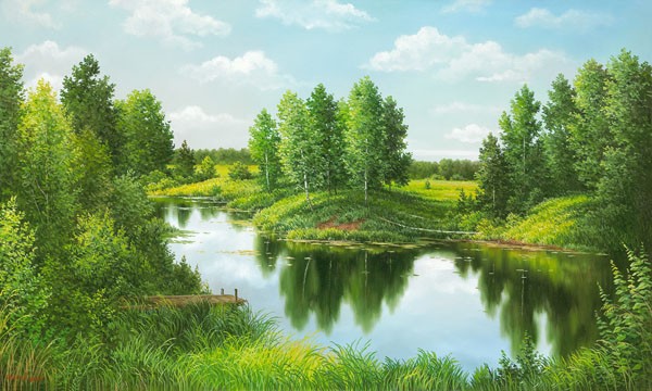 Svetlana Osipova, NEAR ST. PETERSBOURGH (Landschaft, Landschaftsmalerei, Bäume, Teich, Bach, Idylle, Natur, Wunschgröße, Malerei, Wohnzimmer, bunt)