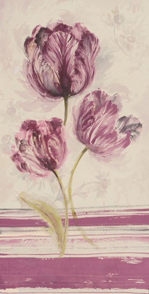 Disegni, FLORAL WITH STRIPES I (Blumen, Tulpen, floral, Streifen, zeitgenössisch, Wunschgröße, Malerei, Treppenhaus, Schlafzimmer, bunt)