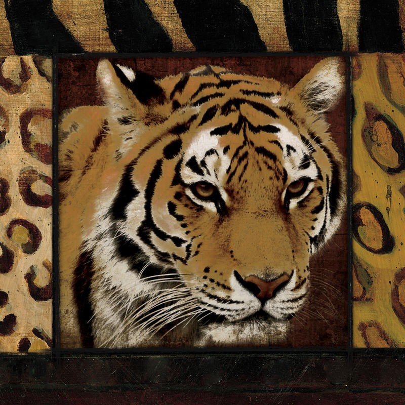 Jace Grey, BORDERED TIGER (Tiger, Raubkatze, Tier, Tierportrait, animal Print Rahmen, moderne Malerei, Treppenhaus, Wohnzimmer, Wunschgröße, bunt)