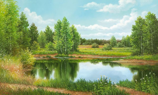 Svetlana Osipova, NEAR MOSCOW (Landschaft, Landschaftsmalerei, Bäume, Teich, Idylle, Natur, Wunschgröße, Malerei, Wohnzimmer, bunt)