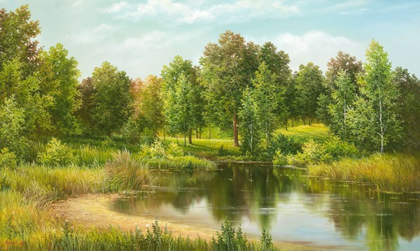 Svetlana Osipova, NEAR CELSABINSK (Landschaft, Landschaftsmalerei, Bäume, Teich, Idylle, Natur, Wunschgröße, Malerei, Wohnzimmer, bunt)