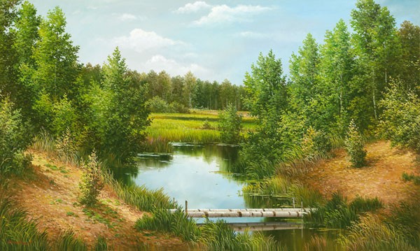 Svetlana Osipova, NEAR POKROVSKOYE (Landschaft, Landschaftsmalerei, Bäume, Teich, Idylle, Natur, Wunschgröße, Malerei, Wohnzimmer, bunt)