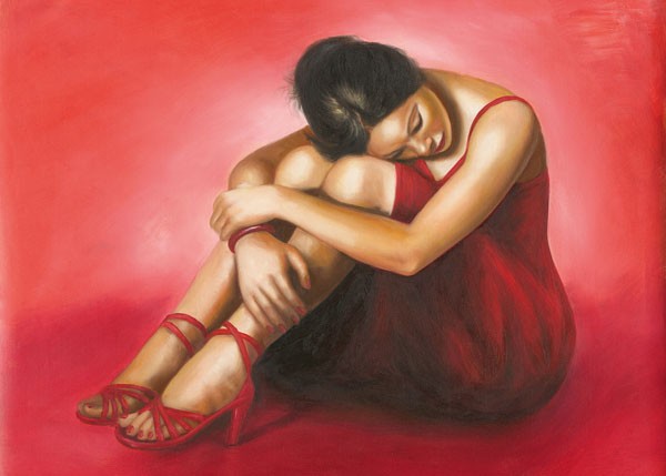Sgarbossa+May, LA DONNA ROSSA (Frau, nachdenklich, müde, Menschen, People & Eros, rotes Kleid, Malerei, Wunschgröße, Wohnzimmer, rot/bunt)